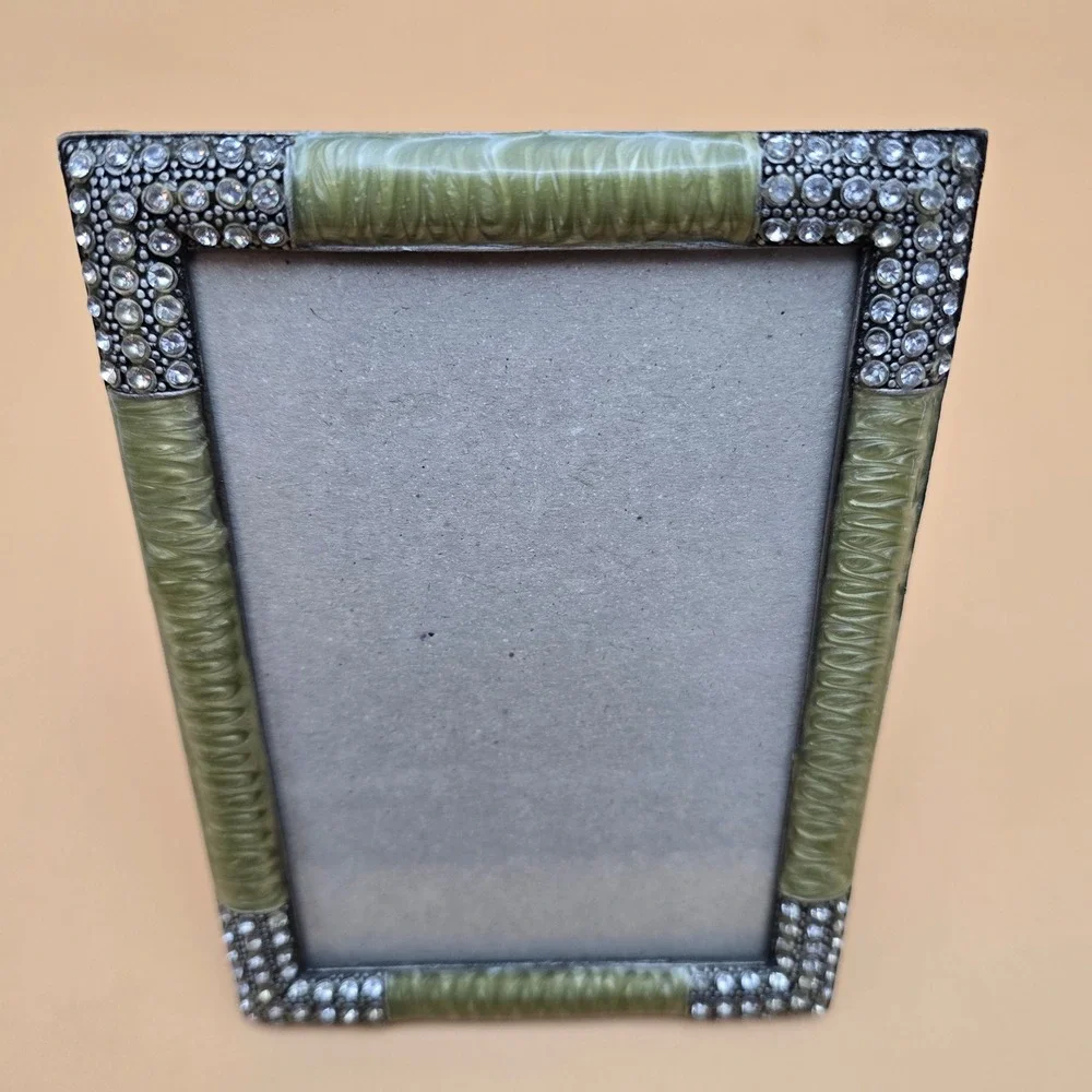 Sage Green Enamel and Rhinestone Picture Frame Vintage Style 4x6 Tabletop Decor - Picture 8 of 16